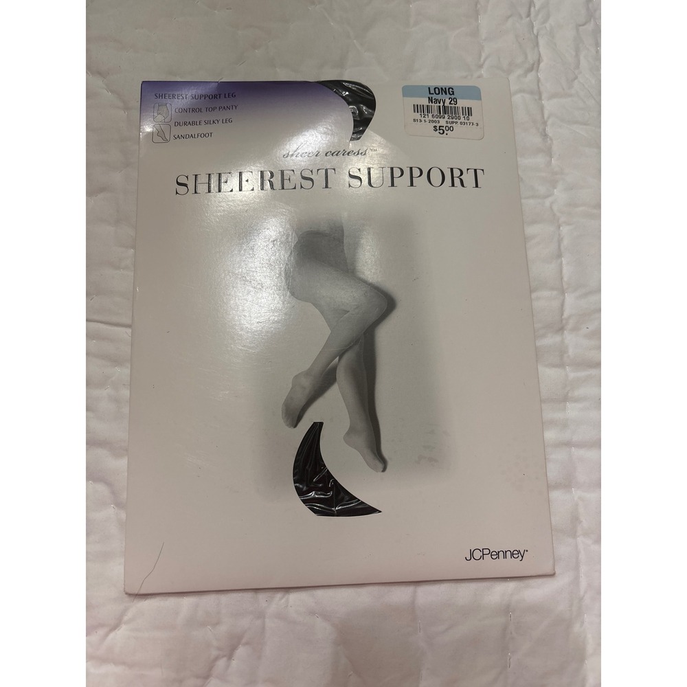 JCPenney Sheer Caress Sheerest Support Pantyhose Navy 29 Size Long Vintage NIP